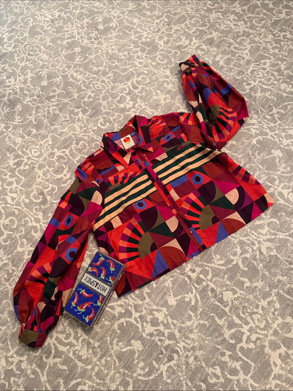 Vibrant Geometric Print Button-Up Shirt - Red Multi